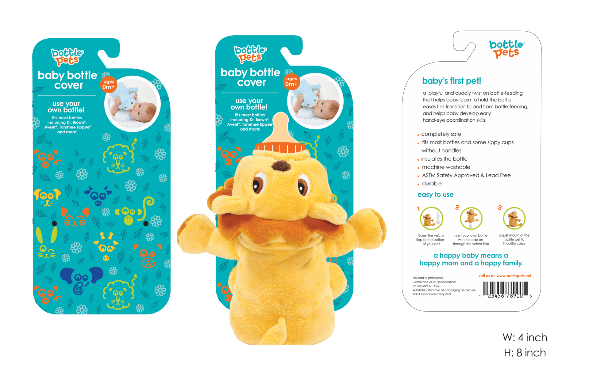 A mockup showing the Bottle Pets package design with the product attached.